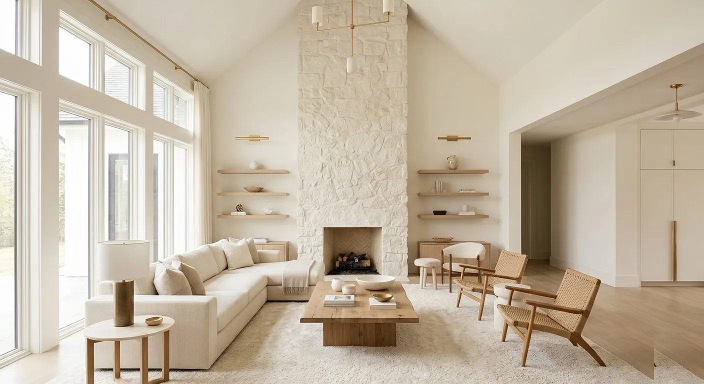 Luxury living room with stone fireplace